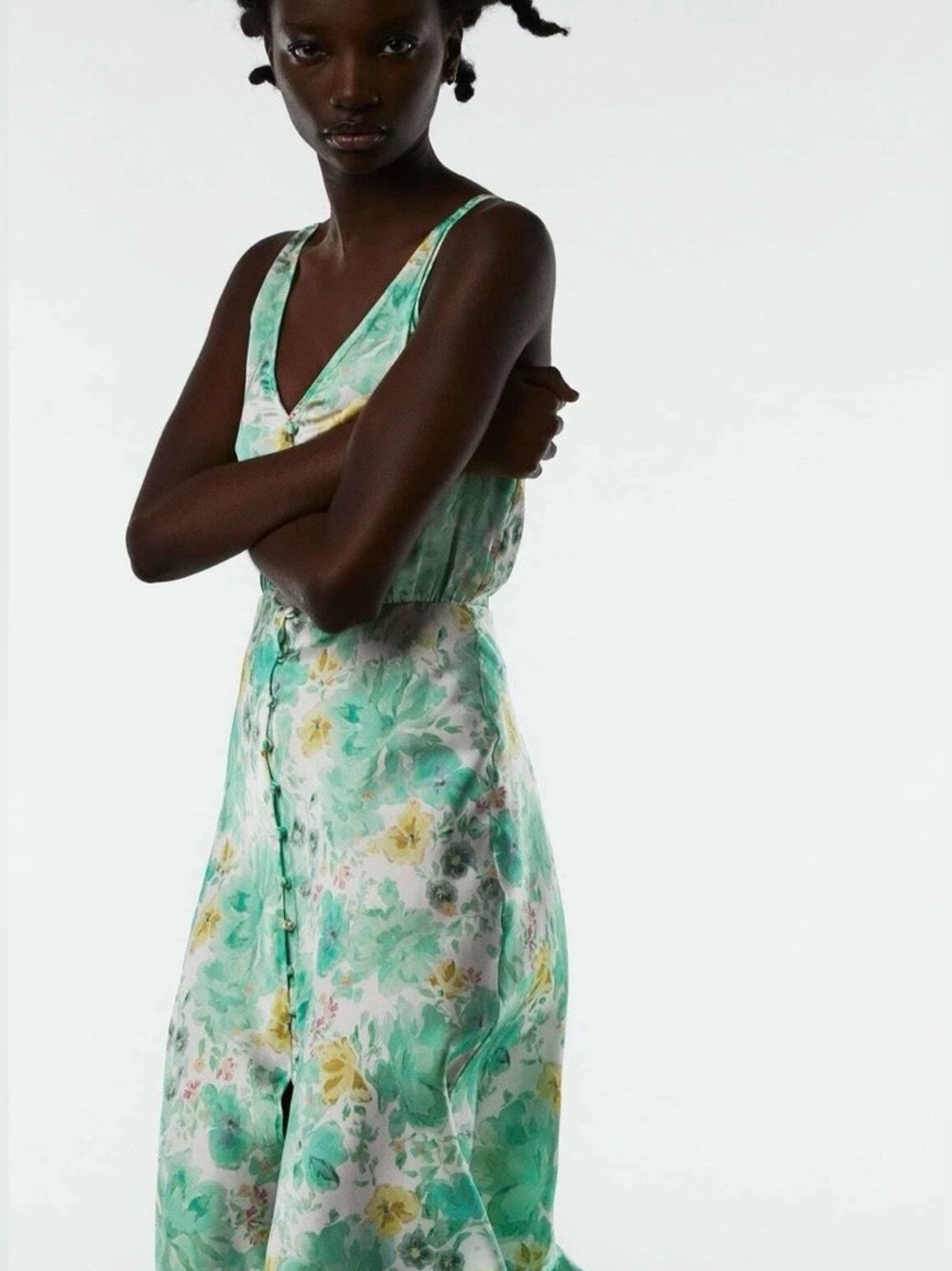 Zara Green Floral Print Satin-Effect Midi Dress.